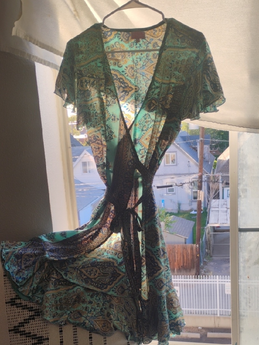 Cienna Silk Vintage Sheer Paisley Wrap Dress - Teal & Brown Size Small - Picture 2 of 10